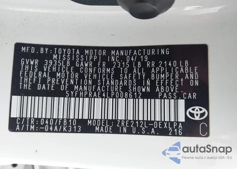 2020 Toyota Corolla Le z USA, uszkodzony, nr VIN 5YFHPRAE4LP008612